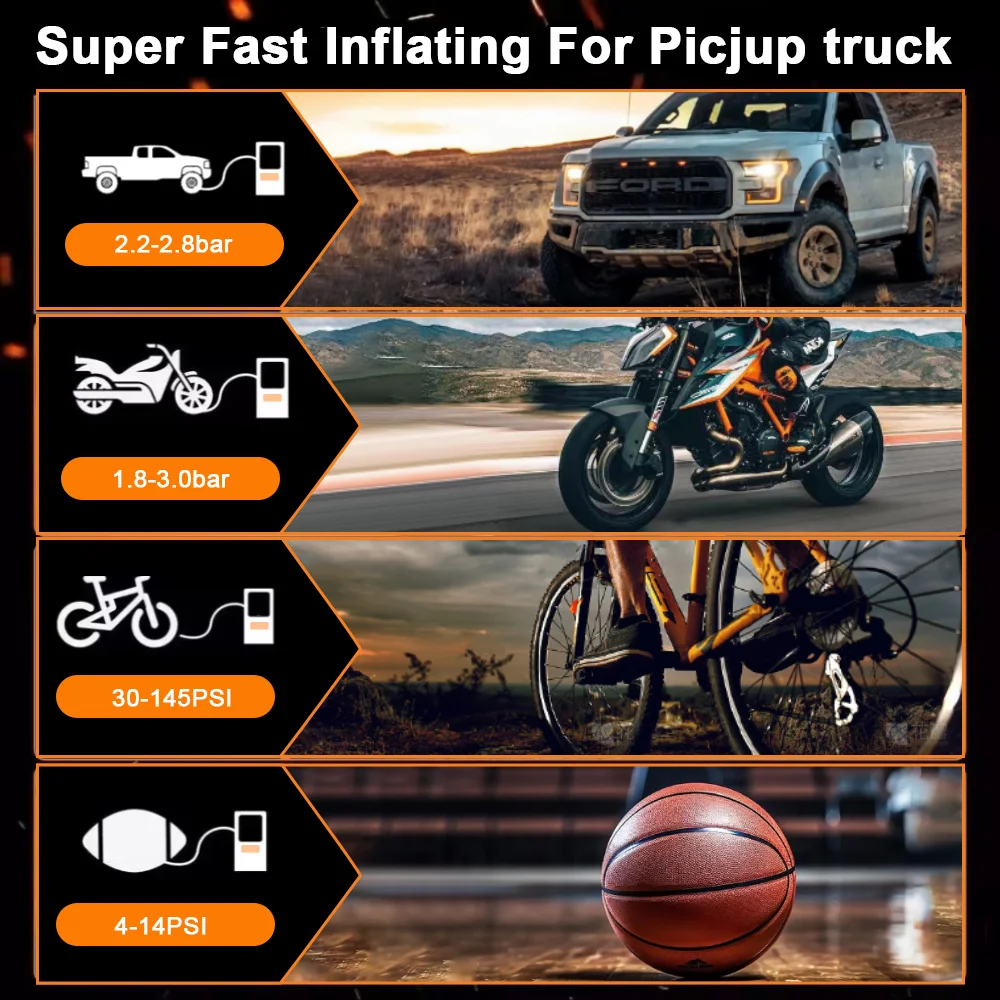 Car Tire Inflator Pump Portable Air Compressor 150PSI Electric Bike Tire Pump With LED Light For Motorcycle, Ball, Car