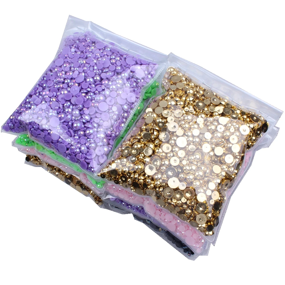Hot Sale 5-12mm Mix Size 5000pcs Glue On Resin Half Round Flatback Beads For Clothes Dresses Shoes DIY Jewelry Accessories