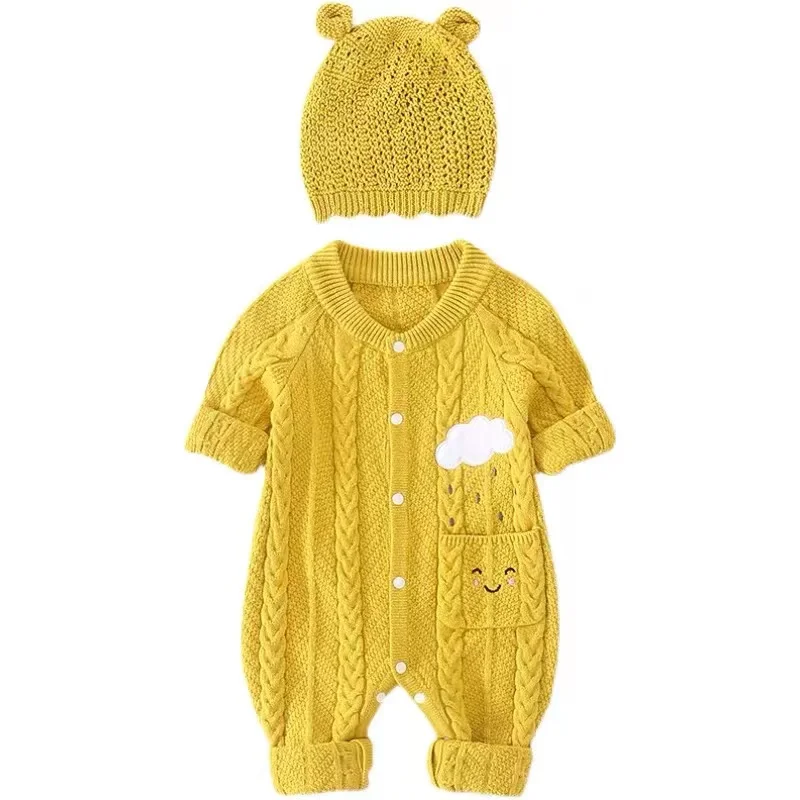 Wholesale Premium Cotton Long Sleeve Nice Quality baby knitwear Soft Touch Baby Girls Romper and Hat Set