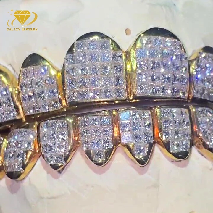 Luxury Pass Diamond Tester Princess Cut Moissanite Honeycomb Grillz 8 Top 8 Bottom Iced Out Custom Men Teeth Jewelry Grillz