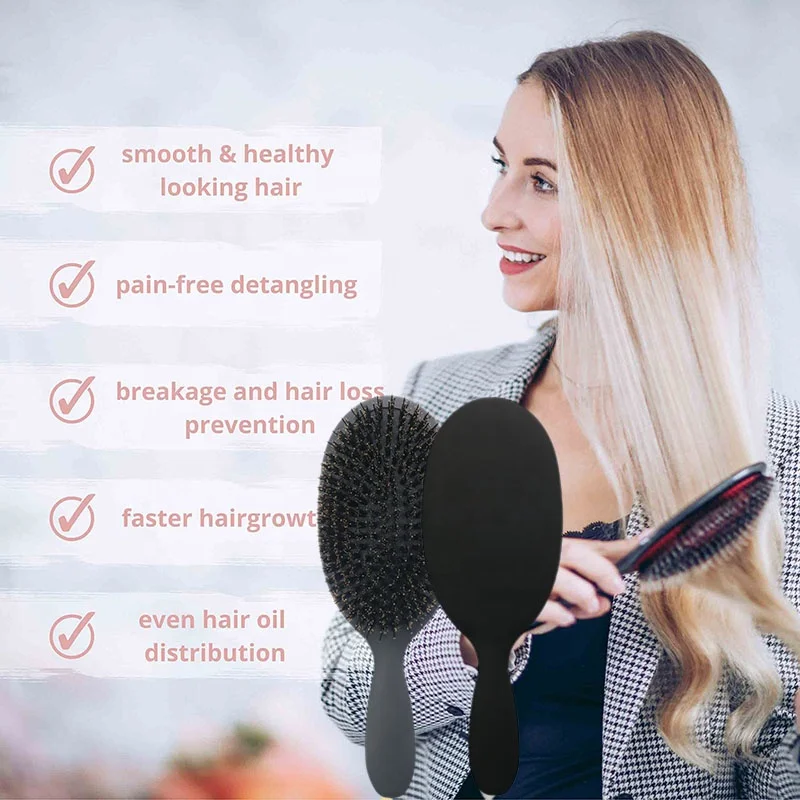 HEYAMO Rubber Finish Oval Plastic Boar Bristle Hair Brush Massage Use Paddle Boar Bristle Brush With Nylon Pin Comb L M S Size