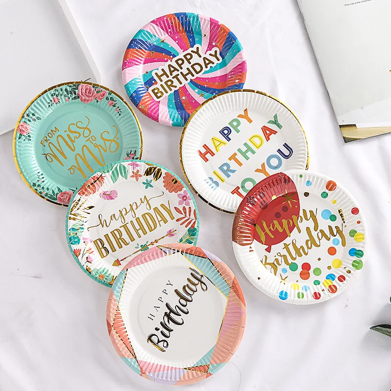 Custom Colorful Paper Plate Printing Happy Birthday Party Supplies Disposable 7inch Gold Dot Paper Plates Dish