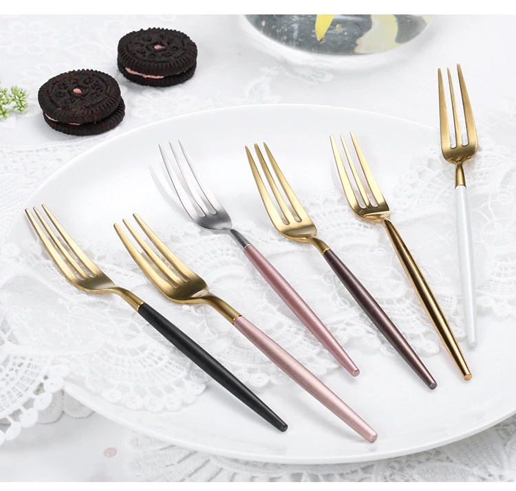 Colorful wholesale fruit fork 18/8 stainless steel gold plated fork stocked cake fork fruit picks