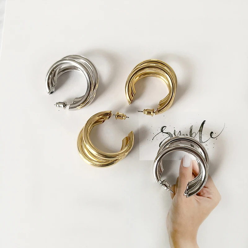 Gold Silver Color Multi Row Hoop Earrings for Women Simple Three Circle Hoop Earrings Bohemia Geometric Round Earrings