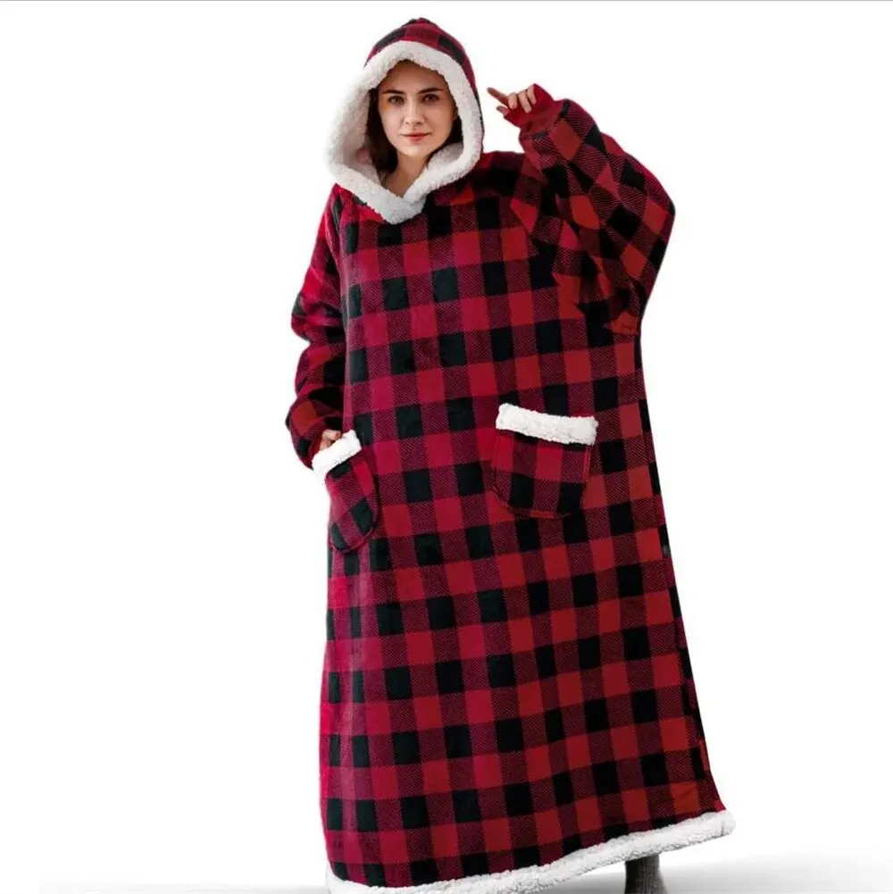Winter Plaid Long Flannel Blanket Fleece Robe Hooded Overall Blanket Sweaters Oversized Unisex Pullover Faux Cashmere Puffy Coat