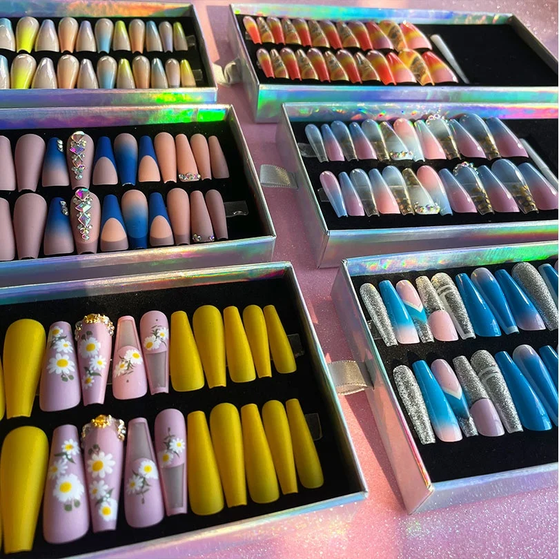 Naixi Nails Factory Middle Ballerina Coffin Pink Lovely Heart Pearl With White French Tip Nails  Manicure False Stick on Nails