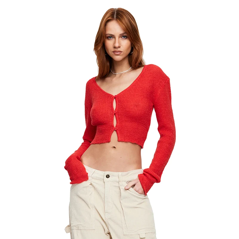 Fashionable office ladies long sleeve deep v-neck crop cardigan wool-blend thin and light knitted sweater