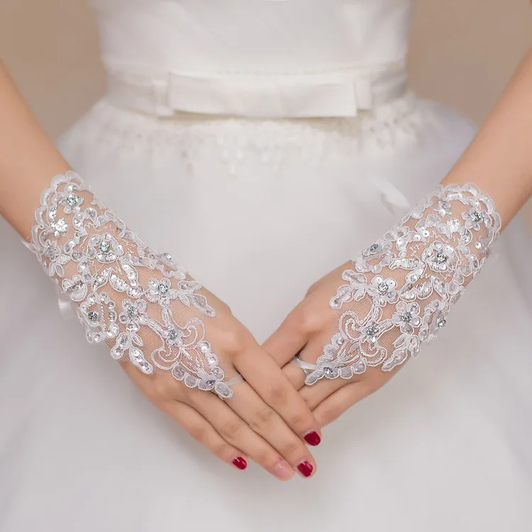 Wholesale Bridal Wedding Sunscreen Lace Gloves Lace Cut Out crystal Mesh Short Gloves