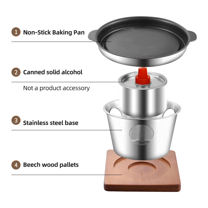 One person Mini Alcohol Stove BBQ Grill Portable Smokeless Barbecue Grill oven with Wooden Base For Outdoor Picnic