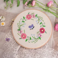High Quality Yiwu Textile Fabric Crafts Custom Flower Pictures Simple Hand DIY 3 In 1 Embroidery Kit With 8 Inch Plastic Hoop