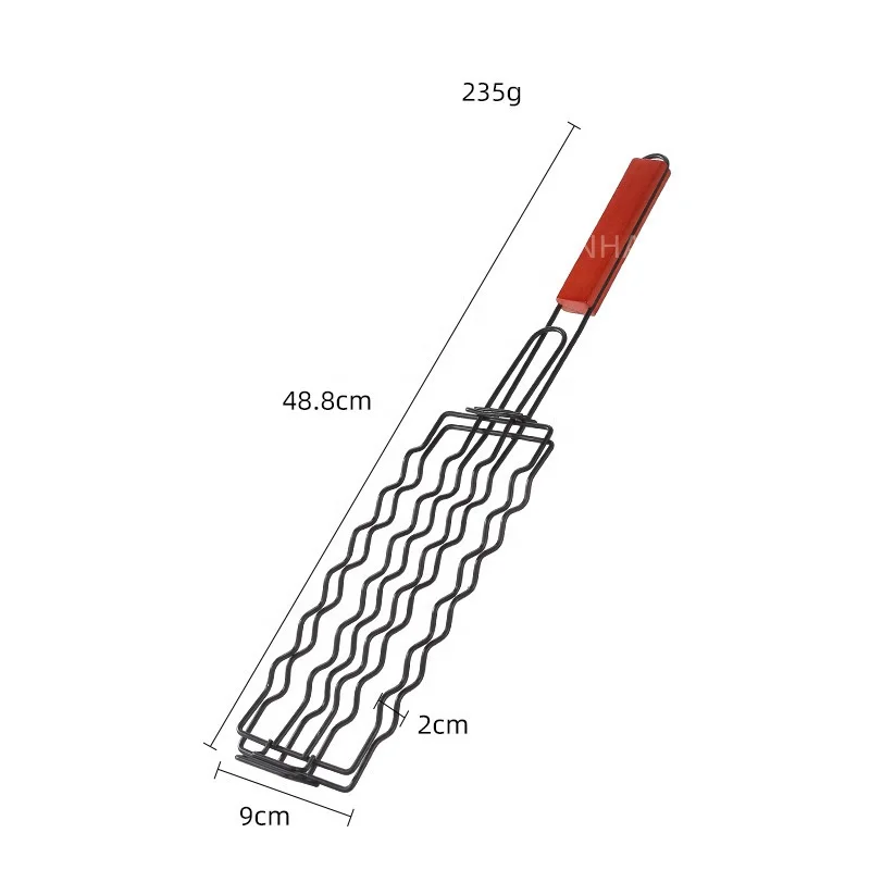 BBQ Accessories 6 Hot Dog Grill BBQ Basket Wood Handle BBQ Sausage Grilling Basket