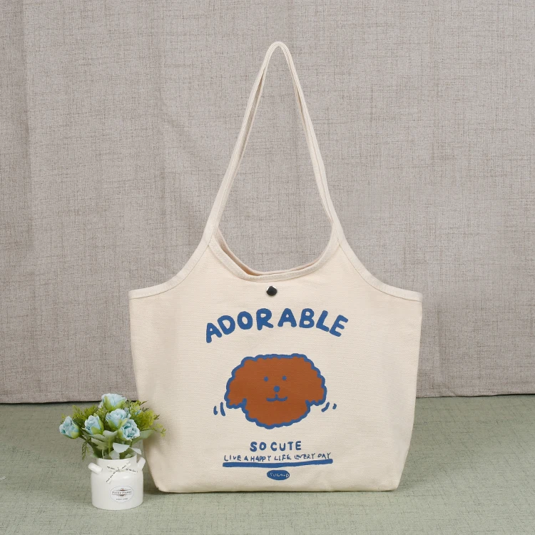 Casual Style Custom Cartoon Printing Cotton Cloth Bag Soft Eco Heat Transfer Large Shopping Shoulder Totes For Girls