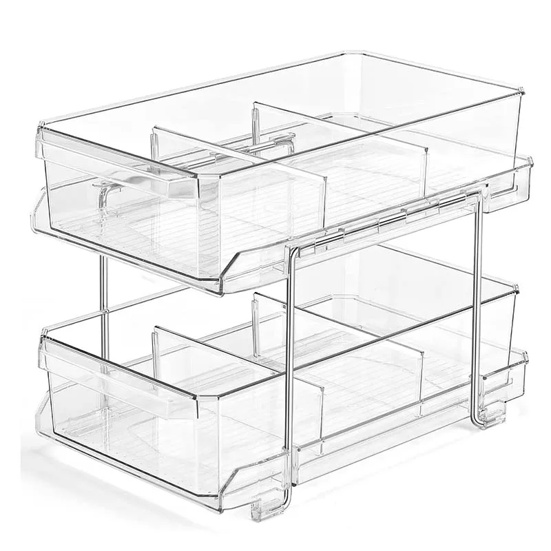 Pull-out Home Under Sink Organizing Tray 2 Tier Clear Organizer with Dividers for Cabinet