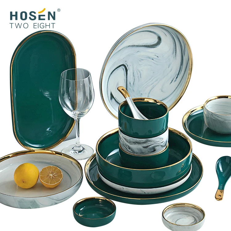 Hot Sale Gold Rim Ceramic Plates Restaurant Dishes Household Tableware Sets Porcelain Ceramics Plates Dinnerware Dinner Sets