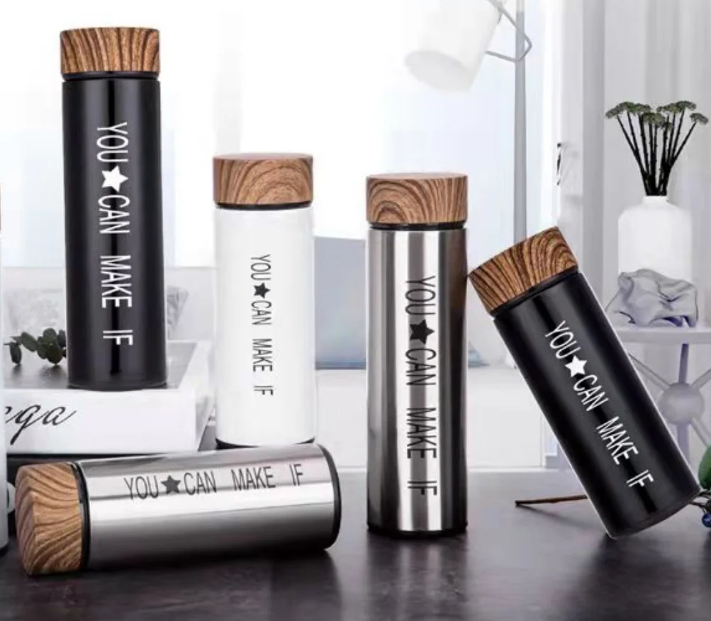 Double stainless steel insulated water bottles wood grain lid 12oz16oz available can be customized LOGO BPA Free Hot Water