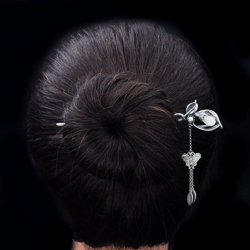 High quality china style white magnolia jade hairpin 925 sterling silver hairpin