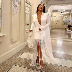 Elegant White Beaded Tassels V Neck Long Sleeve Blazer Mini Party Dress