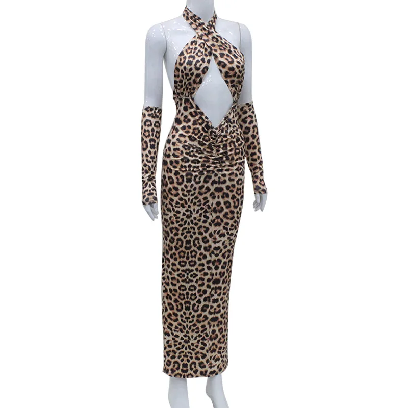 Sexy Summer Female Leopard Print Halter Neck Cross Hollow Dress Two-piece Model Stage Costume Can Be Customized