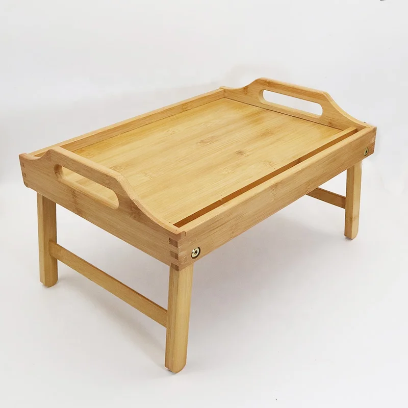 Bamboo laptop bed table folding leg laptop Bamboo wood bed breakfast food serving tray with phone slot bamboo breakfast tray