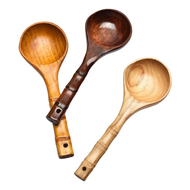 Natural wooden large round spoon long handled soup spoon water scoop custom logo