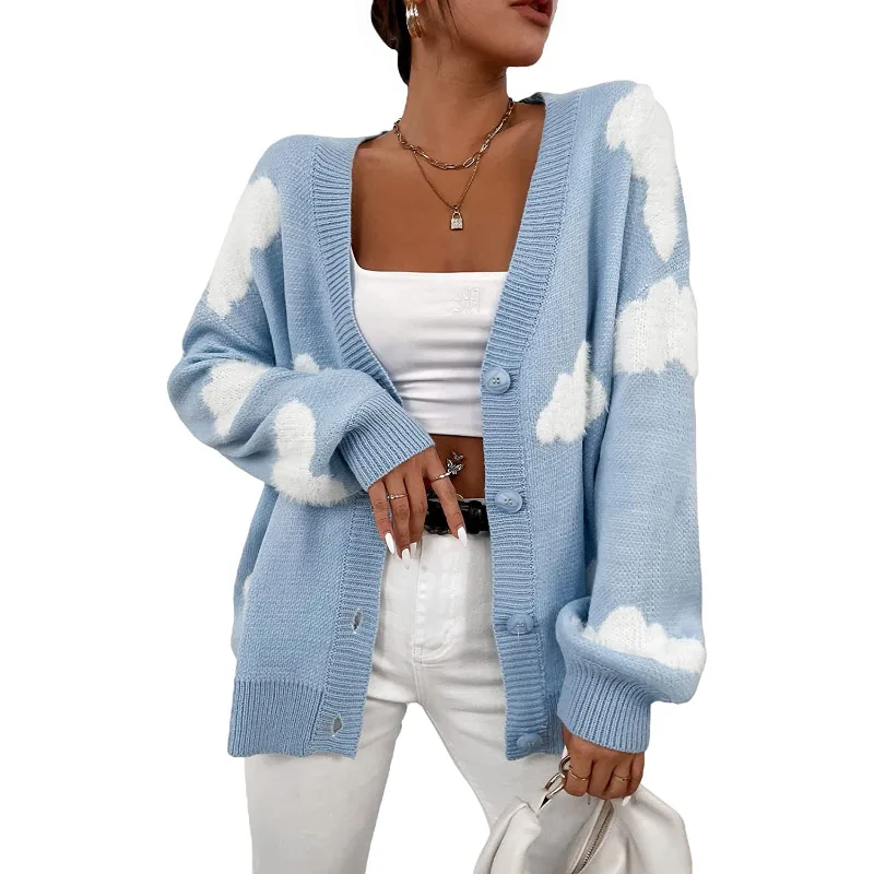 Factory Women Button Down V Neck Long Sleeve Cloud Open Front Knit Cardigan Sweater