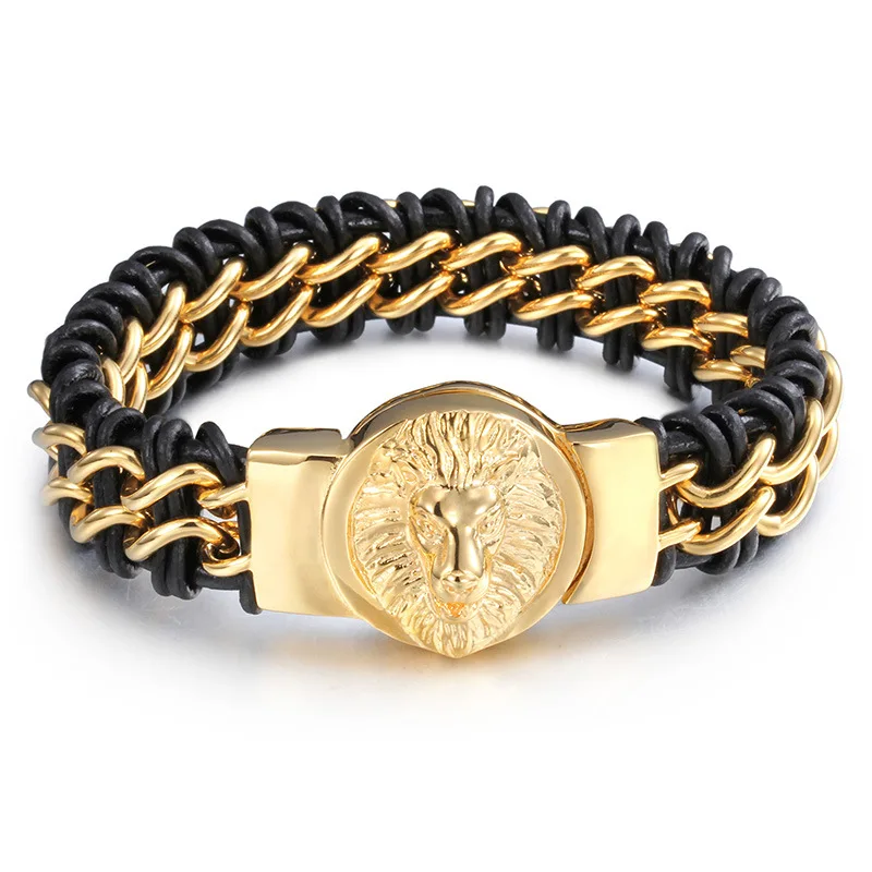 Double Chain Lion Head Mens Bracelets Real Leather 18K Gold 316L Stainless Steel Heavy Chunky Franco Chain Cuban Link Bracelet