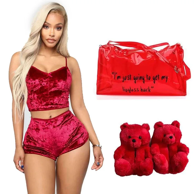 Luxury Velvet Lingerie, Teddy Bear Slippers, and Coordinated Travel Bag Gift Set for Women