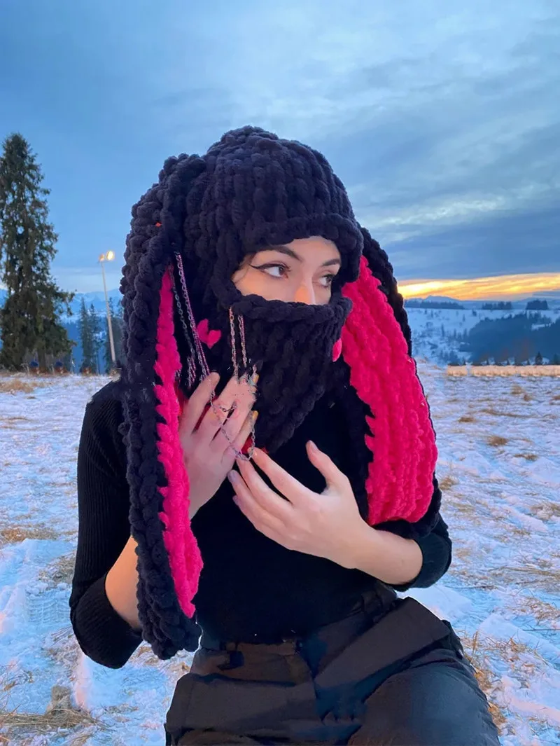 RTS Fashion Winter Warm Balaclava Full Face Knit Ski Mask with Cute Bunny Ears Kawaii Crochet Face Cover Mask for Adults