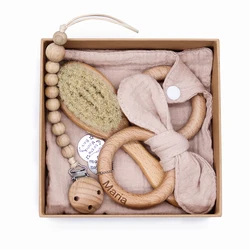 Newborn Shower Gift Set Box Souvenir Baby Cotton Blanket Teething Baby Rattle Milestone Wooden Toy Set
