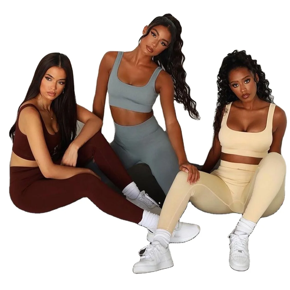 
2021 New Seamless Ribbed High Quality Yoga Active Wear Set Two Piece Bra Pants Set Sportswear 