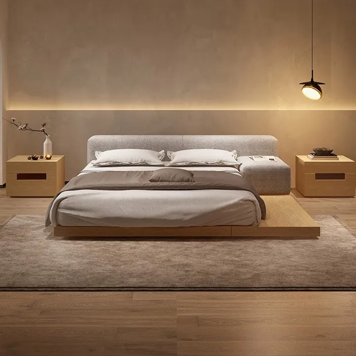 Nordic low wooden back stand king queen size modern bed with soft big headboard wabisabi style Bedroom Room Furniture Set