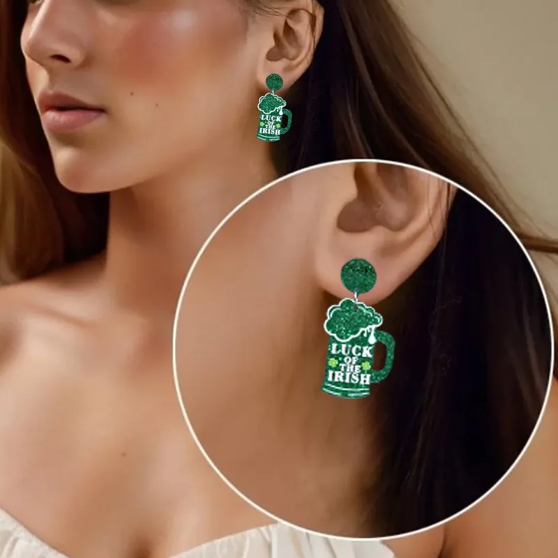 2025 Personalized Creative Celebrate Acrylic Irish Beer Cartoon Carnival Green Four-Leaf Clover Earring for Women Carnival Gift