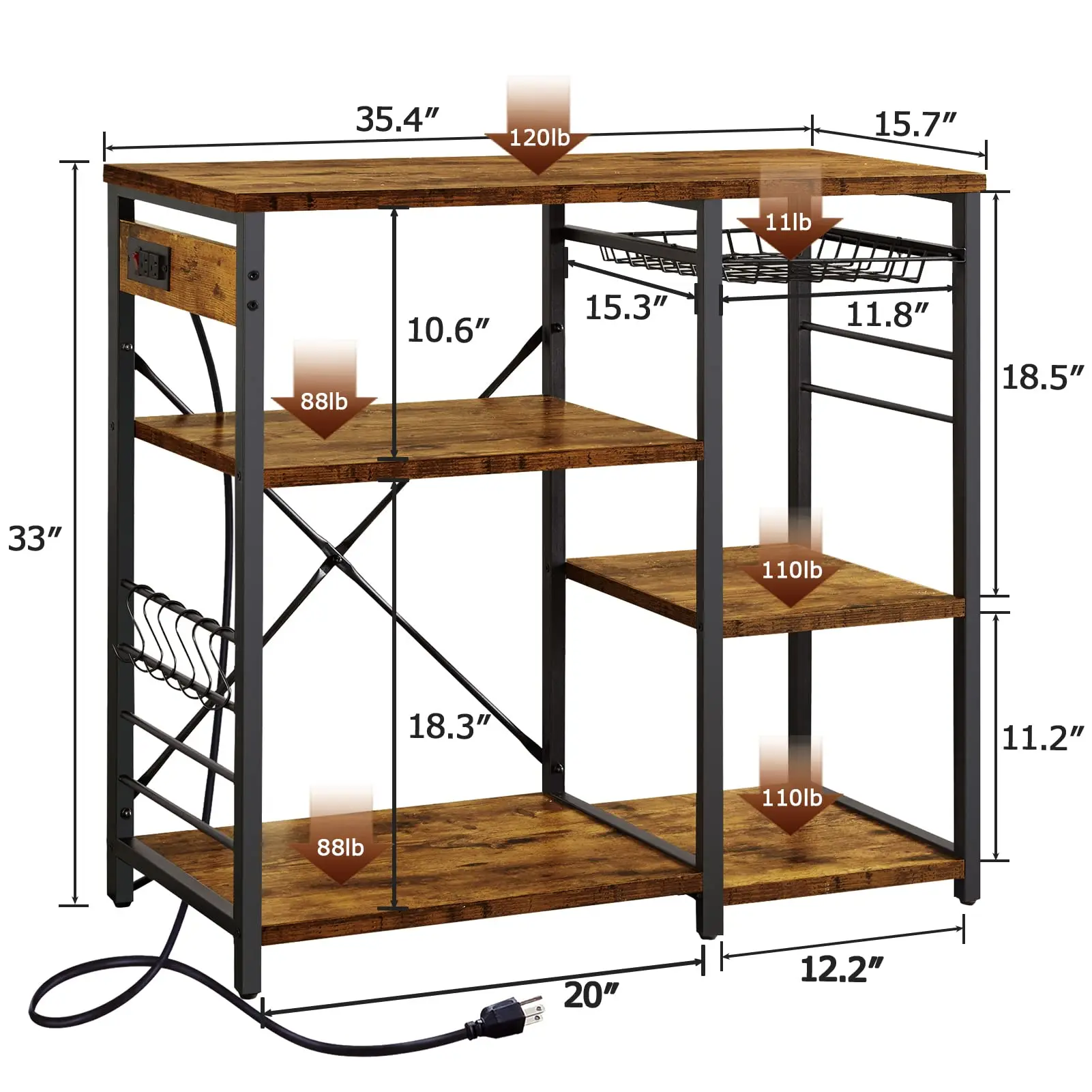6 S-Shaped Hooks Wire Basket Kitchen Bakers Rack Coffee Bar Table Station Kitchen Microwave Stand Kitchen Storage Shelf Rack