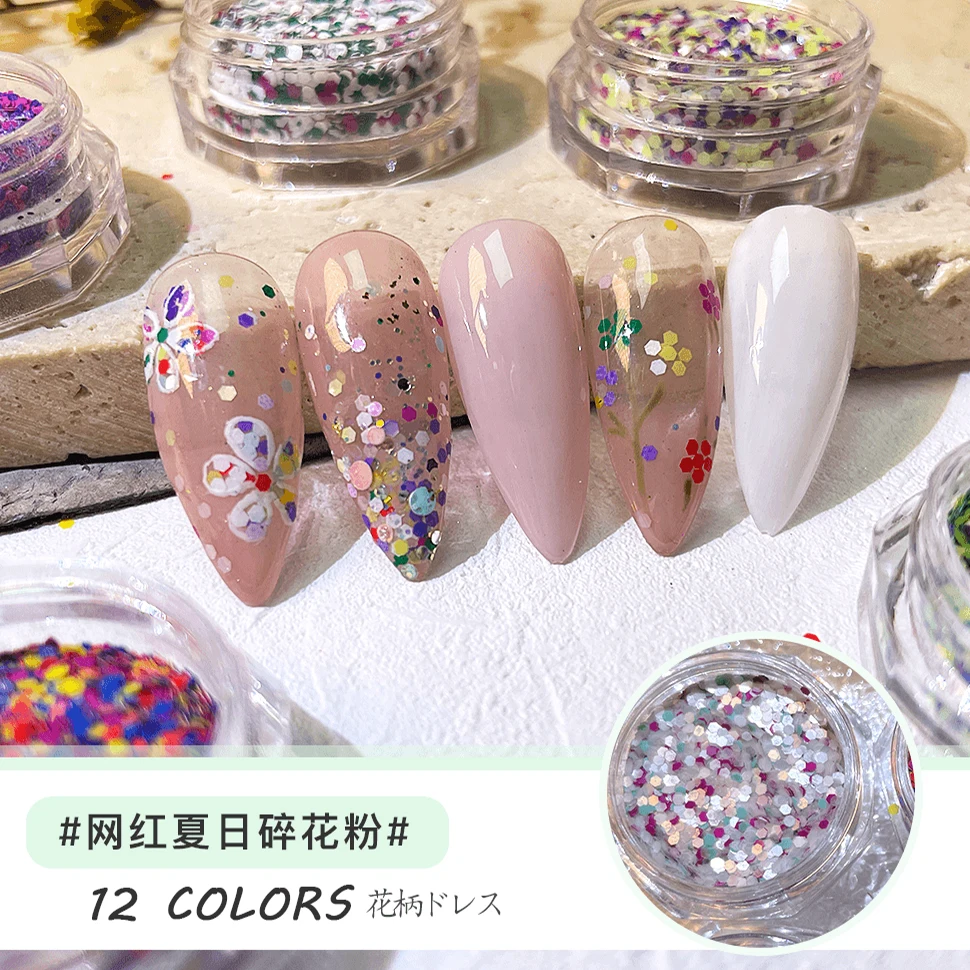 Feishi производитель Новое поступление 12 видов цветов платье с цветочным рисунком для нейл-арта устойчивые к загрязнению окружающей среды и блестками блеск
