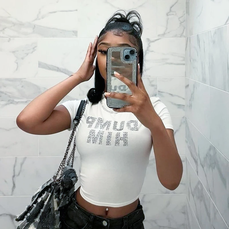 Bomblook E24TP041 2024 Summer Crew Neck Letter Dump Print T Shirt Crop Top Women Tees Ladies Casual Short Sleeve Baby Tees