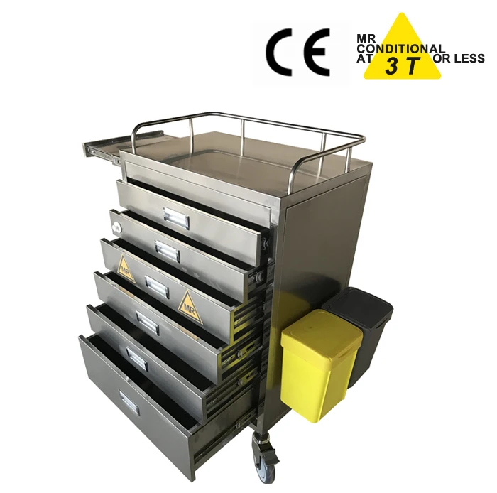 Немагнитная аварийная тележка с 6 ящиками для использования в MR-комнате/для 1,5 T и 3,0 T больничного оборудования MR/Сертифицировано CE