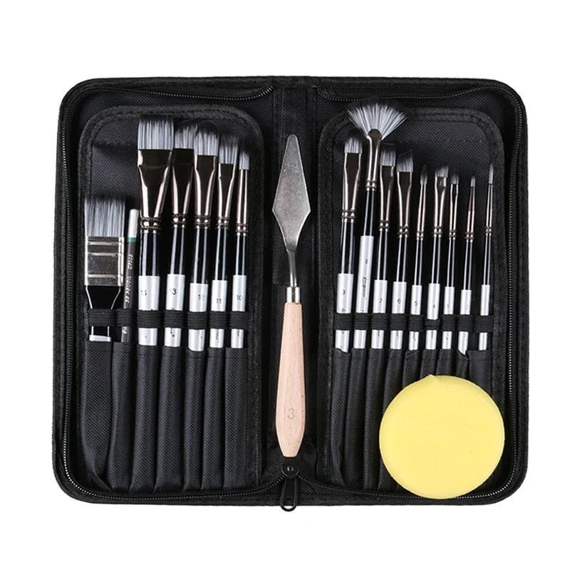 Hot Sale 16-piece Professional Artist Brush Set with Carrying Case 2B Pencil Palette Knife Sponge