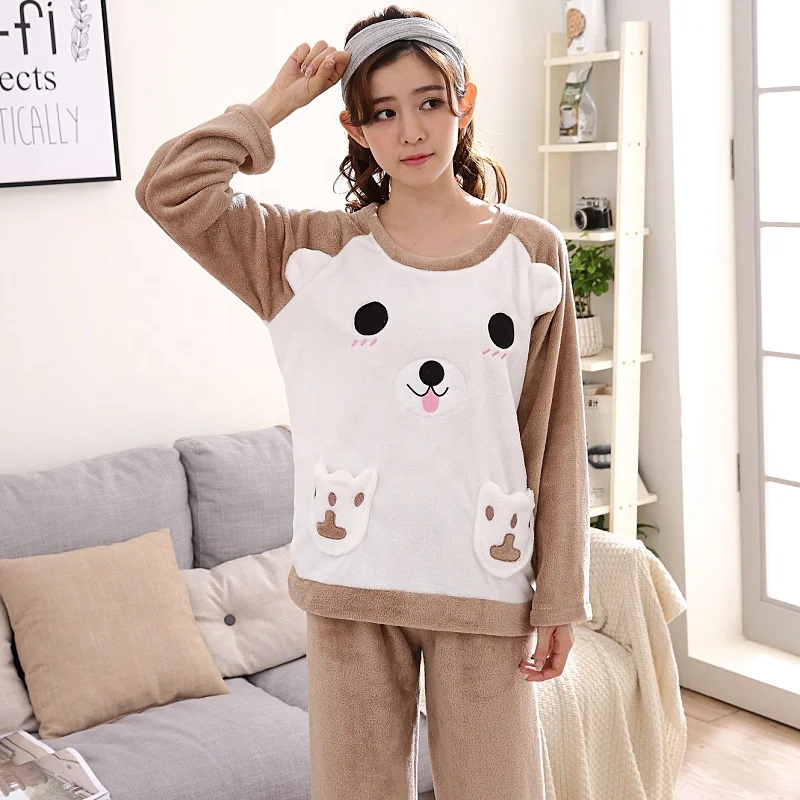 
Factory Supply Fashion Women Cute Cartoon Velvet Long Sleeve Pyjamas Sleepwear Set 