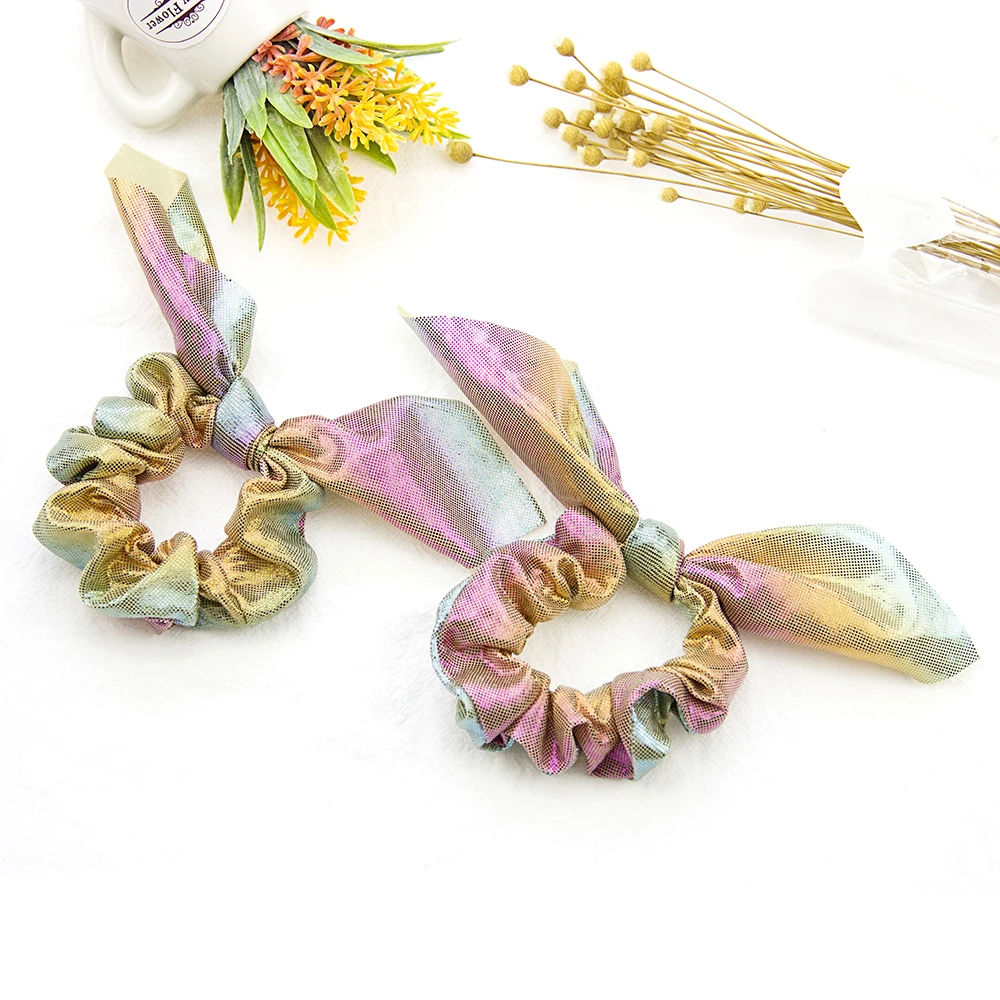 Fashion hair elastic band Shinny Mermaid bunny ear metallic scrunchies for ponytail holder Hair Accessories crunchies
