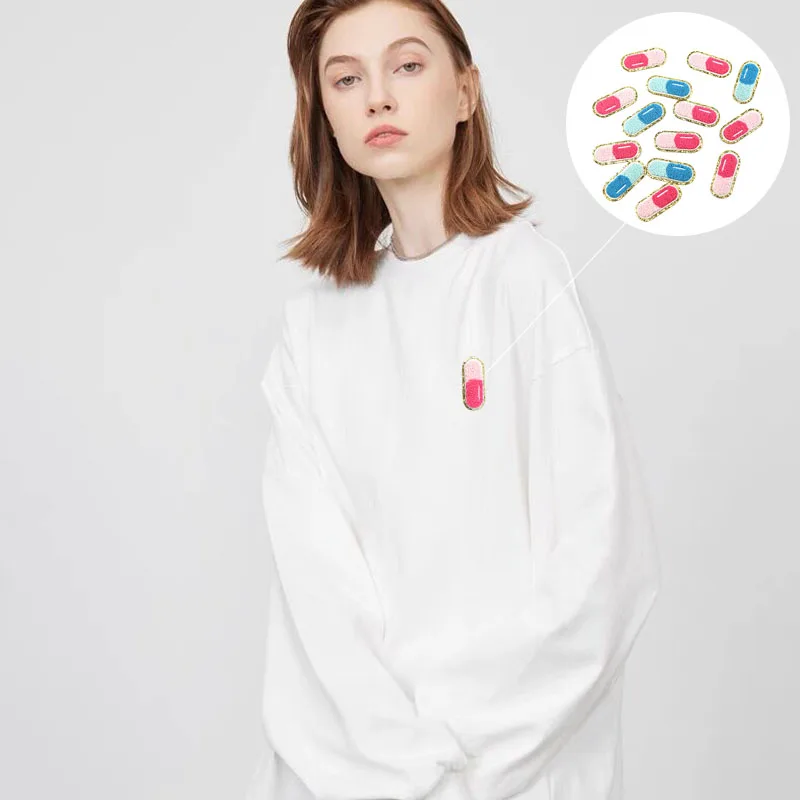 Capsule Pill Shape Iron on Patch Adhesive Chenille Towel Embroidery Patches