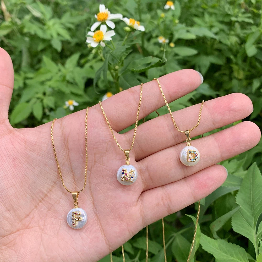 18k Gold Plated 26 Alphabet Letter Round Natural Freshwater Pearls Necklace Charm Name Pendant Chain Choker Lady Necklace