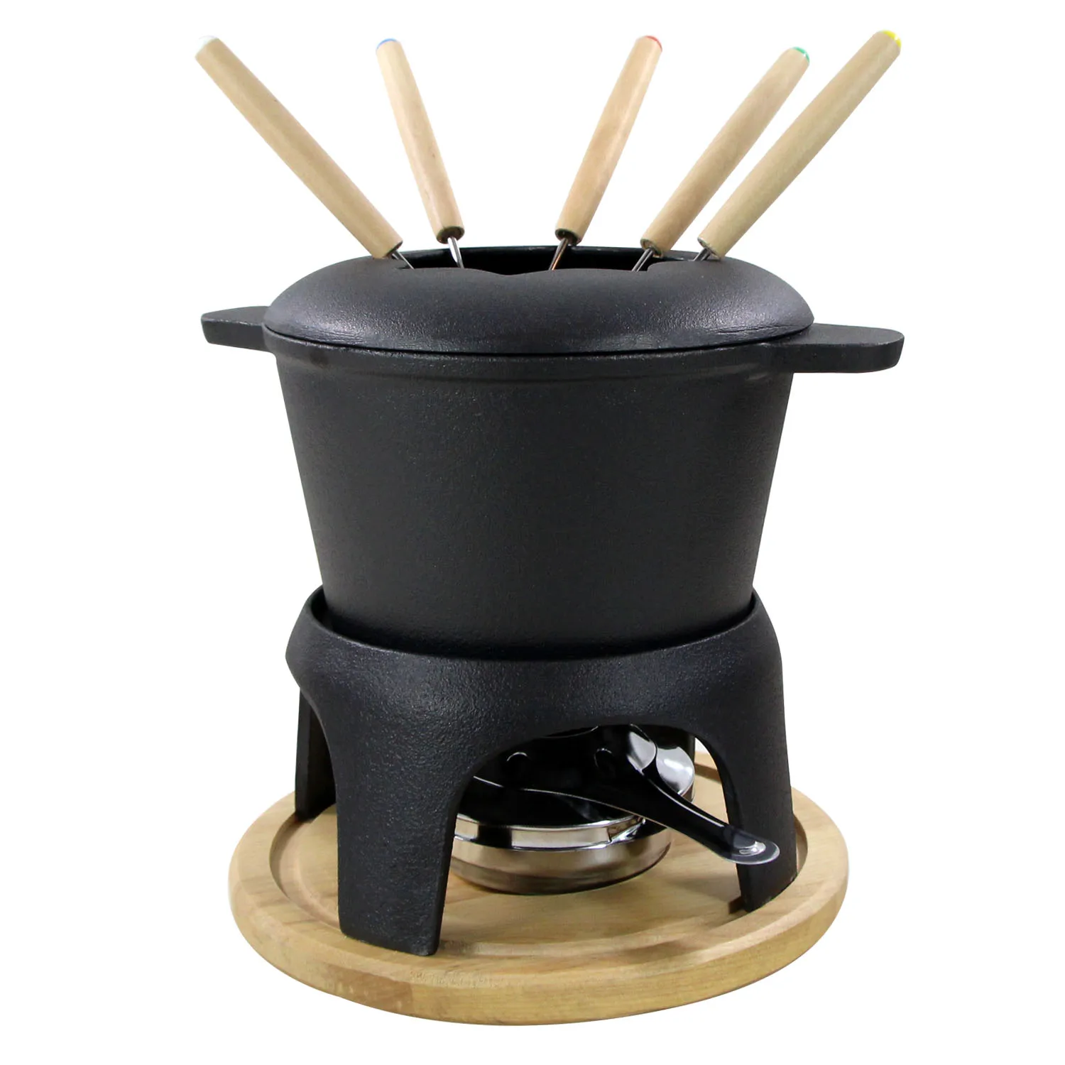 Non Stick Pre-seasoned Cast Iron Cookware OEM Cheese Mini Chocolate Fondue Warmer Set With wooden tray