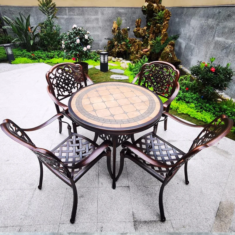 
Outdoor patio cast aluminum table and chair combination villa open balcony tea table garden courtyard  (1600229969394)