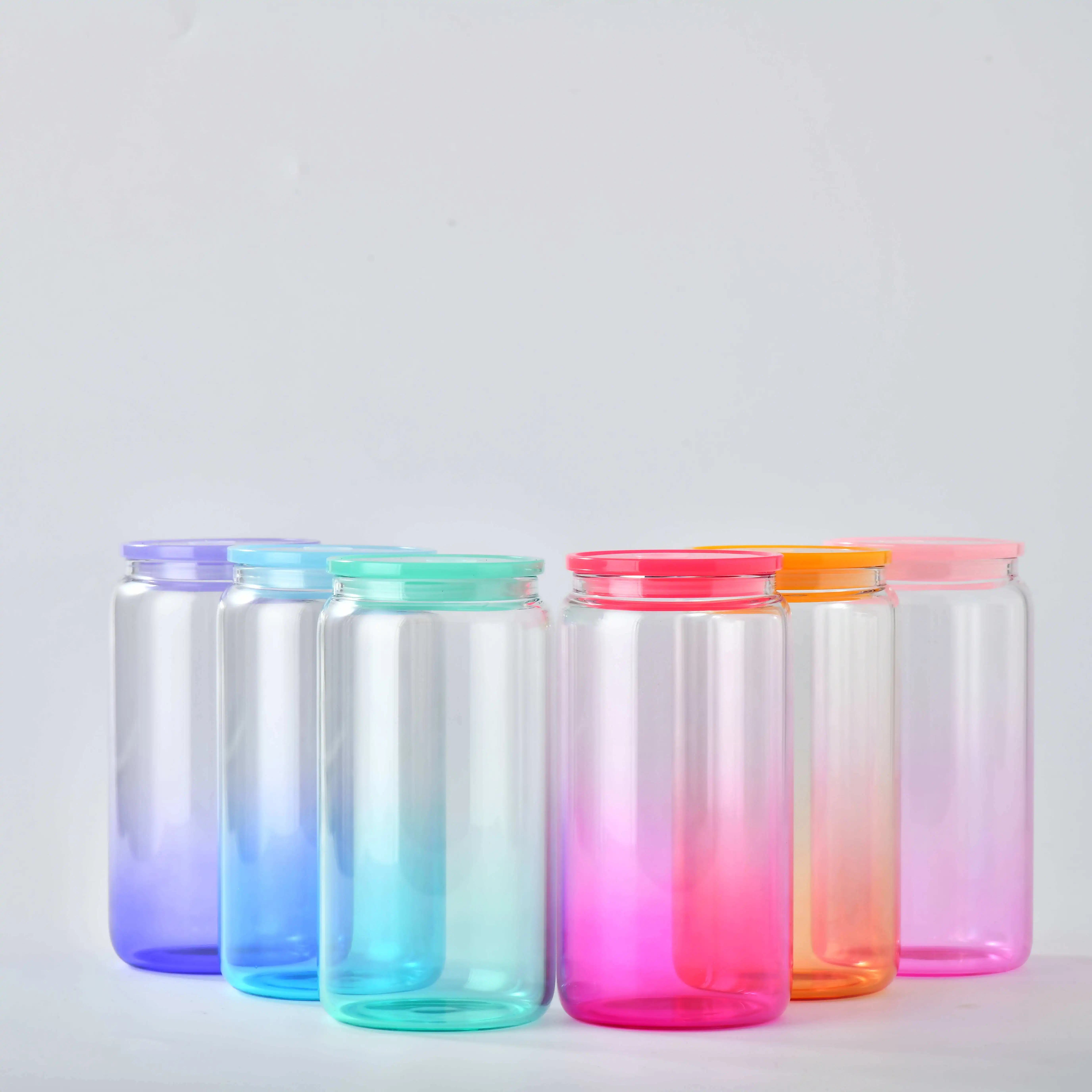 USA Warehouse stocked 16oz Clear Sublimation Blanks Transparent Candy glass can tumbler with coloful plastic lids and straw