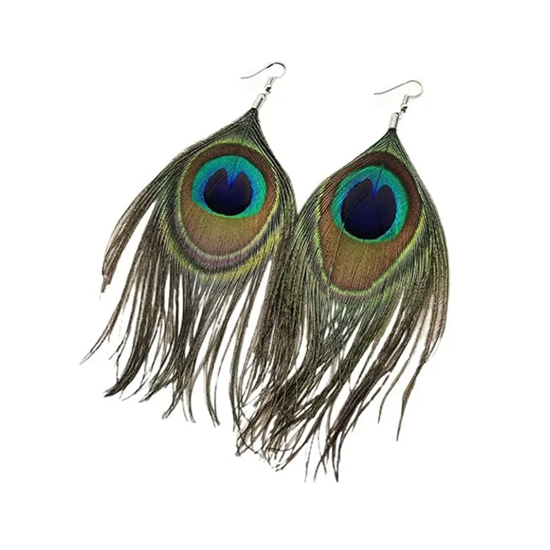 Peacock Earrings for Women Bohemian Long Feather Dangle Earrings Hypoallergenic Boho Feather Tassel Earrings