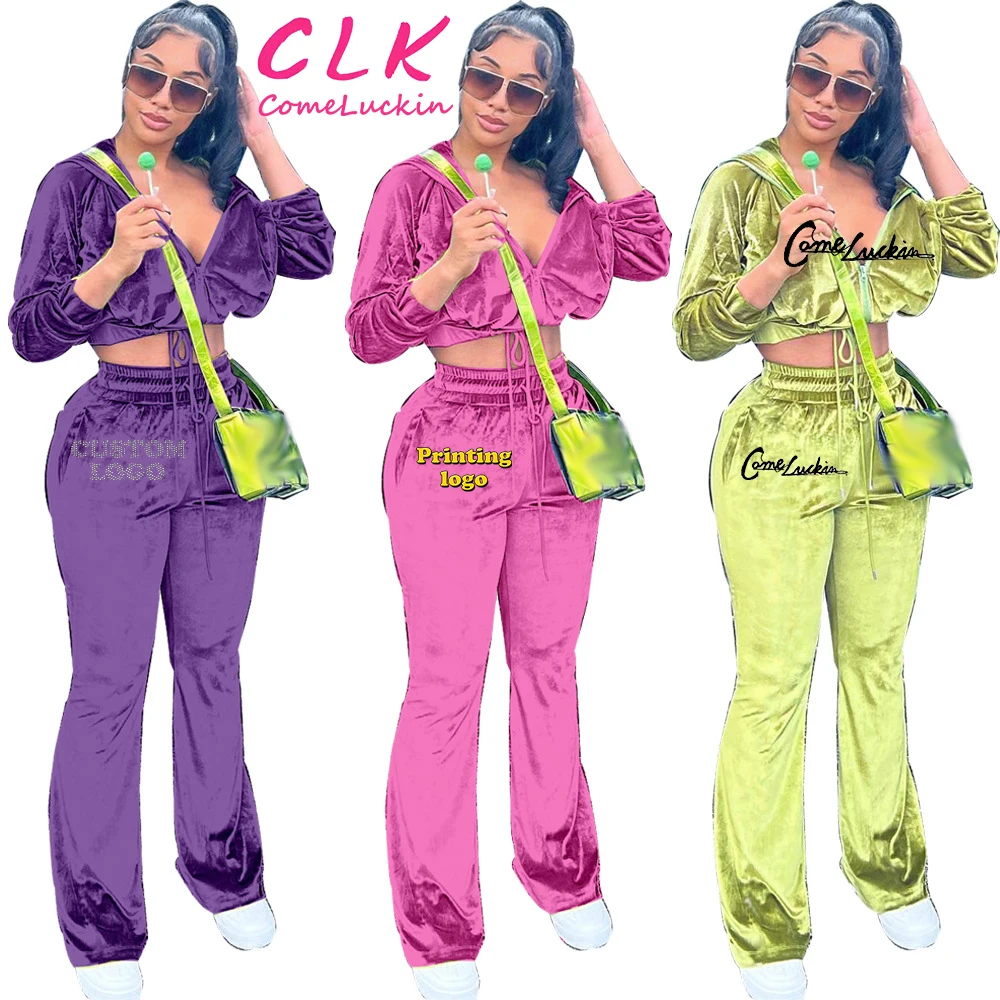 Custom Rhinestone Velvet 2 Piece Set Women Tracksuit Autumn Winter Sport Casual Suit Long Sleeve Crop Jacket Hoodie+flare Pants