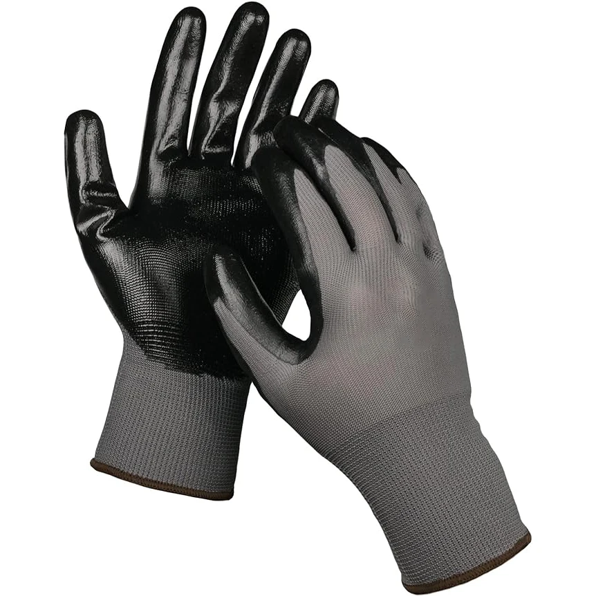 Industry work glove foe men factory direct construction building rugged wear work non-slip black red coated nitrile gloves