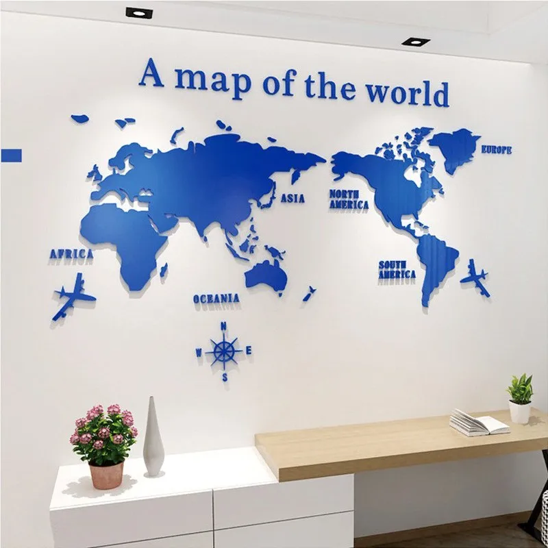 Custom Digital Printing Decal Acrylic Waterproof Large Removable 3D Wall Sticker Map For Home Office Decoration