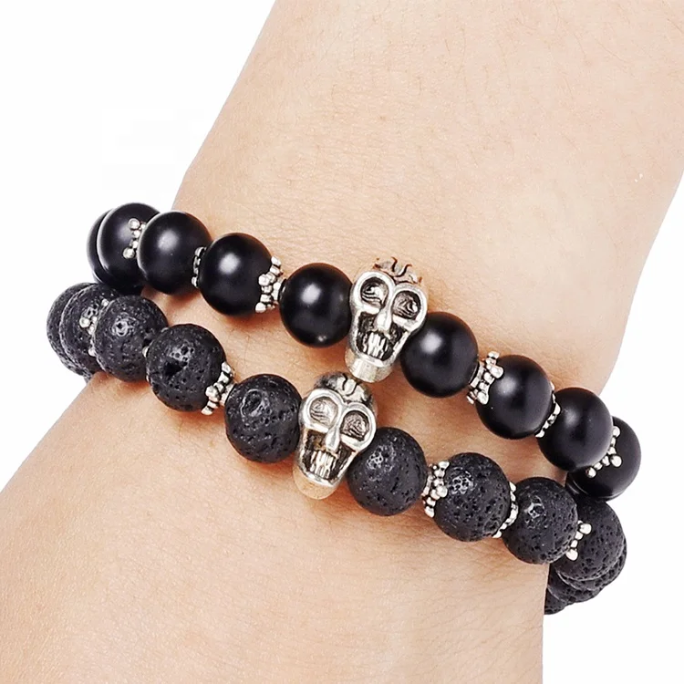 Cheaper Fashion Men Natural Gemstone Agate Stone Jewelry Lava Bracelet with Skull Charm