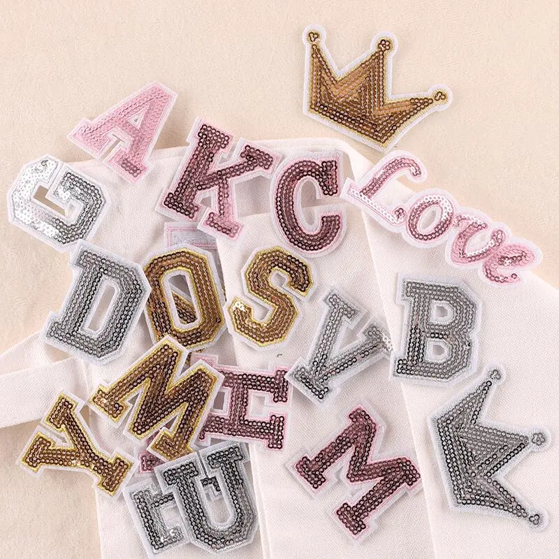 Low MOQ Stock A-Z Alphabet Glitter Sequin Patch Heat Press Sew On Iron On Letterman Embroidery Appliques For Varsity Jacket